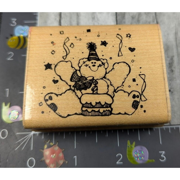 Dots Teddy Bear Party Confetti 1989 Rubber Stamp Wood #A24 - Picture 1 of 4